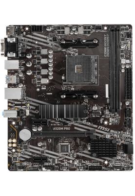 Мат.плата AM4 (A520) MSI A520M PRO, A520, 2xDDR4, Int.Video(CPU), 4xSATA3, 1xM.2, 1xPCI-E 16x 3.0, 2xPCI-E 1x 3.0, ALC892, RTL8111H, 6xUSB3.2/6xUSB2.0, VGA/HDMI/DP, MicroATX
