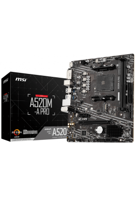 Мат.плата AM4 (A520) MSI A520M-A PRO, A520, 2xDDR4, Int.Video(CPU), 4xSATA3, 1xM.2, 1xPCI-E 16x 3.0, 1xPCI-E 1x 3.0, ALC892, RTL8111H, 6xUSB3.2/6xUSB2.0, DVI-D/HDMI, MicroATX