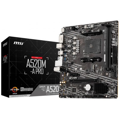 Мат.плата AM4 (A520) MSI A520M-A PRO, A520, 2xDDR4, Int.Video(CPU), 4xSATA3, 1xM.2, 1xPCI-E 16x 3.0, 1xPCI-E 1x 3.0, ALC892, 6xUSB3.2/6xUSB2.0, DVI-D/HDMI, MicroATX