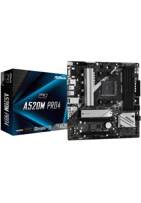 Мат.плата AM4 (A520) ASRock A520M Pro4, A520, 4xDDR4, Int.Video(CPU), 4xSATA3, 2xM.2, 2xPCI-E 16x 3.0, 1xM.2 (Key E), ALC1200, RTL8111H, 10xUSB3.2/4xUSB2.0, VGA/HDMI/DP, MicroATX