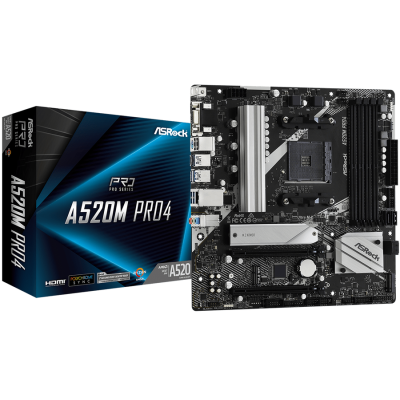 Мат.плата AM4 (A520) ASRock A520M Pro4, A520, 4xDDR4, Int.Video(CPU), 4xSATA3, 2xM.2, 2xPCI-E 16x 3.0, 1xM.2 (Key E), ALC1200, RTL8111H, 10xUSB3.2/4xUSB2.0, VGA/HDMI/DP, MicroATX