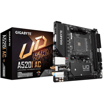 Мат.плата AM4 (A520) Gigabyte A520I AC, A520, 2xDDR4, Int.Video(CPU), 4xSATA3, 1xM.2, 1xPCI-E 16x 3.0, ALC887, RTL8118AS, WiFi ac, Bluetooth 4.2, 6xUSB3.2/6xUSB2.0, 2xHDMI/DP, Mini-ITX