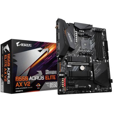 Мат.плата AM4 (B550) Gigabyte B550 AORUS ELITE AX V2, B550, 4xDDR4, CrossFireX, Int.Video(CPU), 4xSATA3, 2xM.2, 1xPCI-E 16x 4.0, 2xPCI-E 16x 3.0, 1xPCI-E 1x 3.0, ALC1200, 2.5GbE, WiFi ax, Bluetooth 5.0, 8xUSB3.2/6xUSB2.0, HDMI/DP, ATX