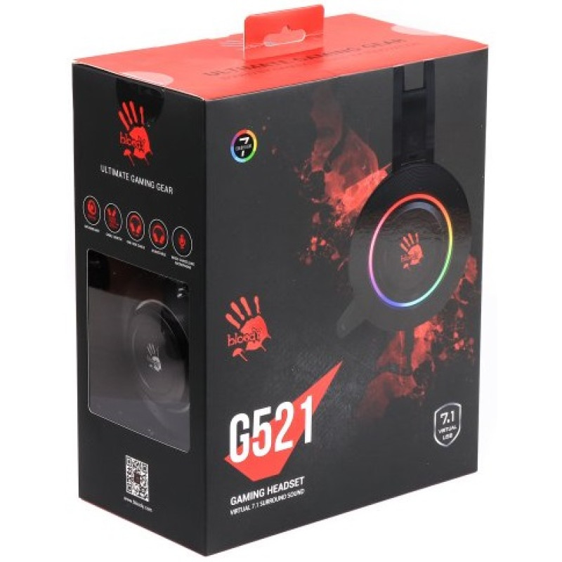 Навушники Bloody G521 Black, підсвічування, USB, накладні, кабель 2 м