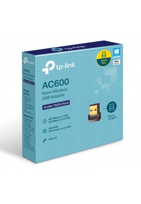 Мережевий адаптер USB TP-LINK Archer T600U Nano, Black, 5GHz / 2.4GHz, AC600 (433/200 Мбит/с), USB 2.0, мініатюрний розмір