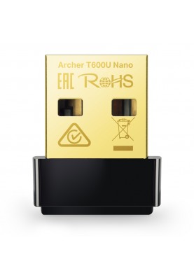 Мережевий адаптер USB TP-LINK Archer T600U Nano, Black, 5GHz / 2.4GHz, AC600 (433/200 Мбит/с), USB 2.0, мініатюрний розмір