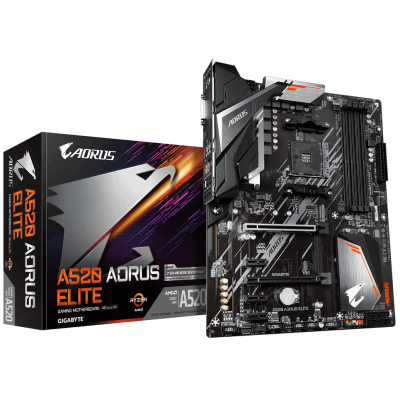 Мат.плата AM4 (A520) Gigabyte A520 AORUS ELITE, A520, 4xDDR4, Int.Video(CPU), 4xSATA3, 1xM.2, 2xPCI-E 16x 3.0, 3xPCI-E 1x 3.0, ALC1200, RTL8118AS, 6xUSB3.2/6xUSB2.0, DVI-D/HDMI, ATX