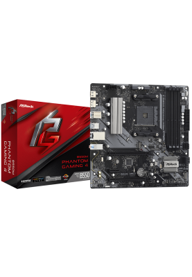Мат.плата AM4 (B550) ASRock B550M Phantom Gaming 4, B550, 4xDDR4, CrossFireX, Int.Video(CPU), 4xSATA3, 2xM.2, 1xPCI-E 16x 4.0, 1xPCI-E 16x 3.0, 1xPCI-E 1x 3.0, ALC887, RTL8111H, 8xUSB3.2/4xUSB2.0, HDMI/DP, Micro ATX