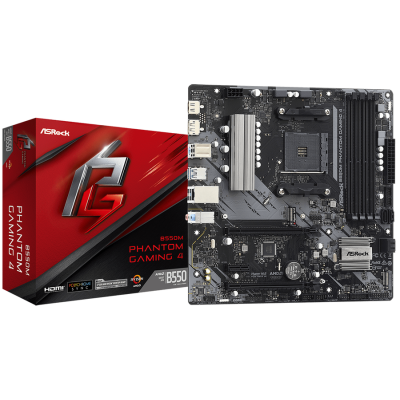 Мат.плата AM4 (B550) ASRock B550M Phantom Gaming 4, B550, 4xDDR4, CrossFireX, Int.Video(CPU), 4xSATA3, 2xM.2, 1xPCI-E 16x 4.0, 1xPCI-E 16x 3.0, 1xPCI-E 1x 3.0, ALC887, RTL8111H, 8xUSB3.2/4xUSB2.0, HDMI/DP, Micro ATX