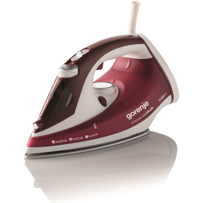 Праска Gorenje SIH2200RBC Burgundy, 2200W, з парою, керамічне покриття, ємність для води 280 мл, постійна пара 30 г/хв, паровий удар 90 г/хв