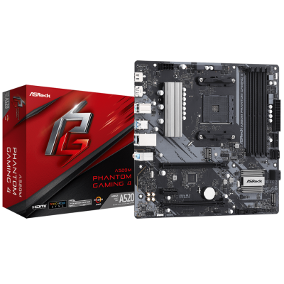 Мат.плата AM4 (A520) ASRock A520M Phantom Gaming 4, A520, 4xDDR4, Int.Video(CPU), 4xSATA3, 2xM.2, 2xPCI-E 16x 3.0, 1xPCI-E 1x 3.0, ALC887, RTL8111H, 6xUSB3.2/6xUSB2.0, HDMI/DP, MicroATX