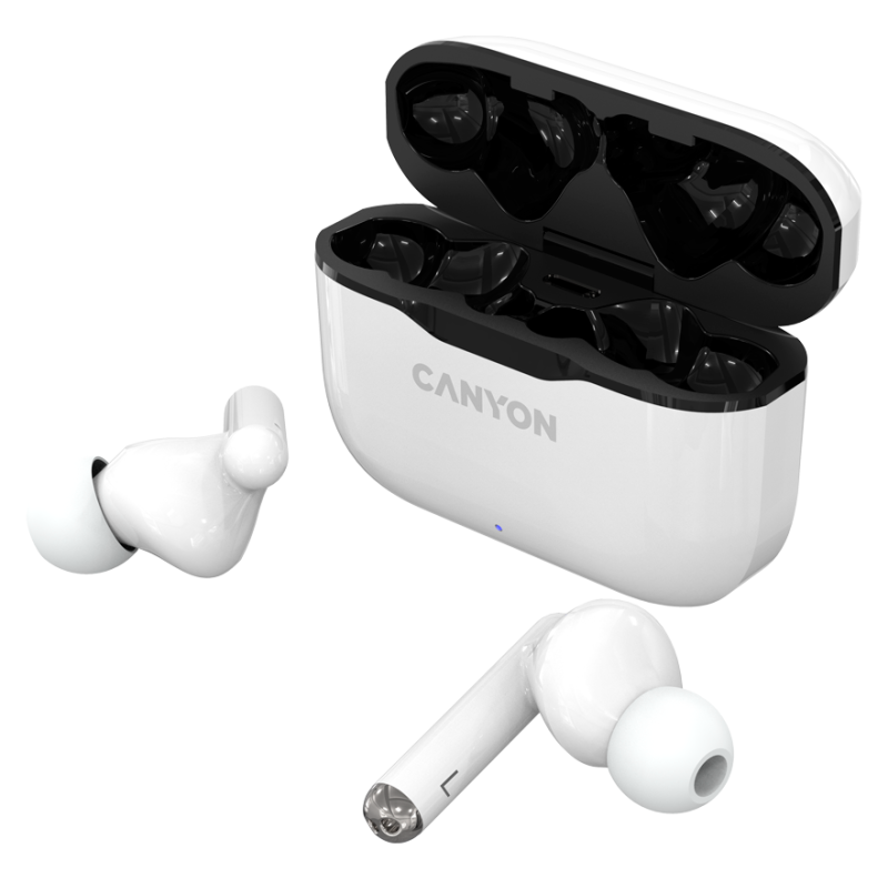 Навушники Canyon TWS-3, White, бездротові (Bluetooth), мікрофон, зарядний бокс, стереозвук, профілі HFP/HSP/AVRCP/A2DP, функція "Handsfree", 35/300 mAh (CNE-CBTHS3W)