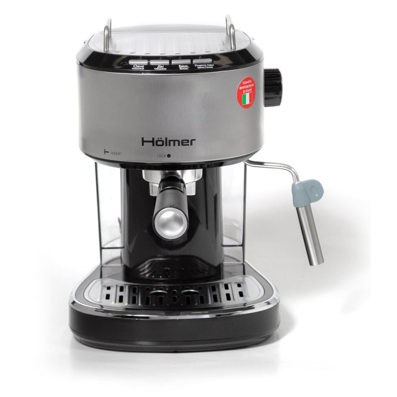 Кавоварка Holmer HCM-105 Silver, 850W, ріжкова, еспресо ріжкова, керування механічне, мелена кава, тиск 15 бар, об'єм 1.2 л