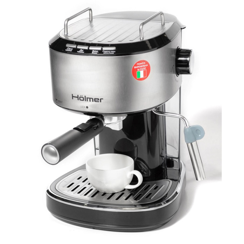 Кавоварка Holmer HCM-105 Silver, 850W, ріжкова, еспресо ріжкова, керування механічне, мелена кава, тиск 15 бар, об'єм 1.2 л