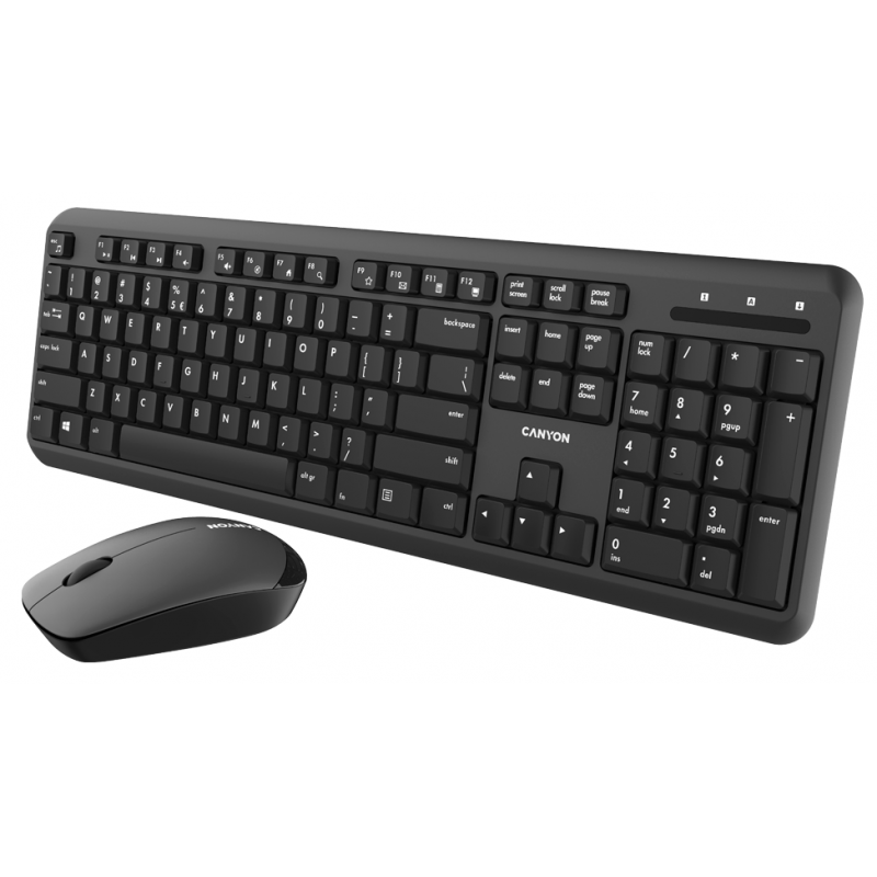 Комплект бездротовий Canyon SET-W20 Black, клавіатура (104 клавіші, тихі перемикачі, 13 мультимедіа-функцій) + миша (оптична, 1200 dpi) (CNS-HSETW02-RU)