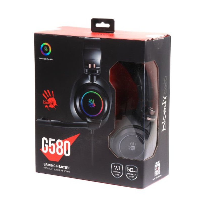 Навушники Bloody G580, Black, мікрофон, USB, складна конструкція, підтримка звуку 7.1, RGB підсвічування, накладні, кабель 2 м