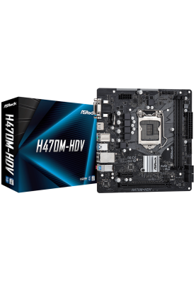 Мат.плата 1200 (H470) ASRock H470M-HDV, H470, 2xDDR4, Int.Video(CPU), 4xSATA3, 1xPCI-E 16x 3.0, 1xPCI-E 1x 3.0, ALC897, RTL8111H, 4xUSB3.2/6xUSB2.0, VGA/DVI-D/HDMI, MicroATX