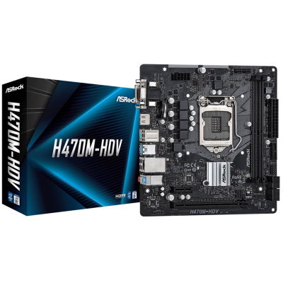 Мат.плата 1200 (H470) ASRock H470M-HDV, H470, 2xDDR4, Int.Video(CPU), 4xSATA3, 1xPCI-E 16x 3.0, 1xPCI-E 1x 3.0, ALC897, RTL8111H, 4xUSB3.2/6xUSB2.0, VGA/DVI-D/HDMI, MicroATX