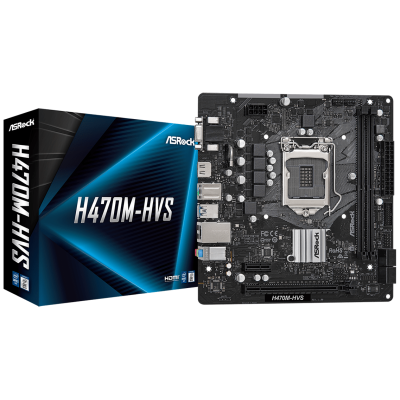 Мат.плата 1200 (H470) ASRock H470M-HVS, H470, 2xDDR4, Int.Video(CPU), 4xSATA3, 1xPCI-E 16x 3.0, 1xPCI-E 1x 3.0, ALC897, RTL8111H, 4xUSB3.2/6xUSB2.0, VGA/HDMI, MicroATX
