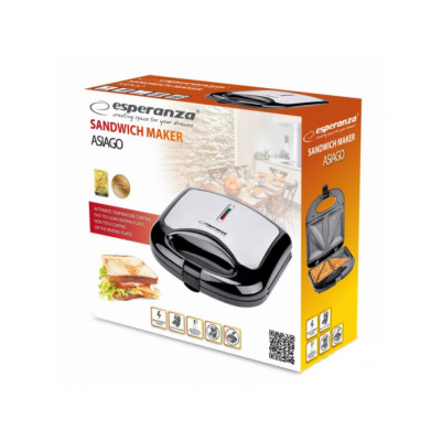 Бутербродниця Esperanza EKT011 Asiago, Black, 1000W, тип пластин: трикутні сендвічі 4 шт, антипригарне покриття, індикатор нагріву, індикатор готовності