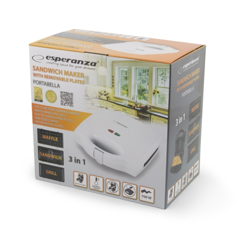 Бутербродниця Esperanza EKT006W Portabella, White, 700W, кількість відділень 4, антипригарне покриття, індикатор нагріву, індикатор готовності, знімні пластини