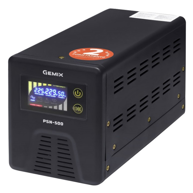 Джерело безперебійного живлення Gemix PSN-500 Black, 500VA, 300W, правильна синусоїда, 1 розетка, зовнішня батарея (PSN500VA)