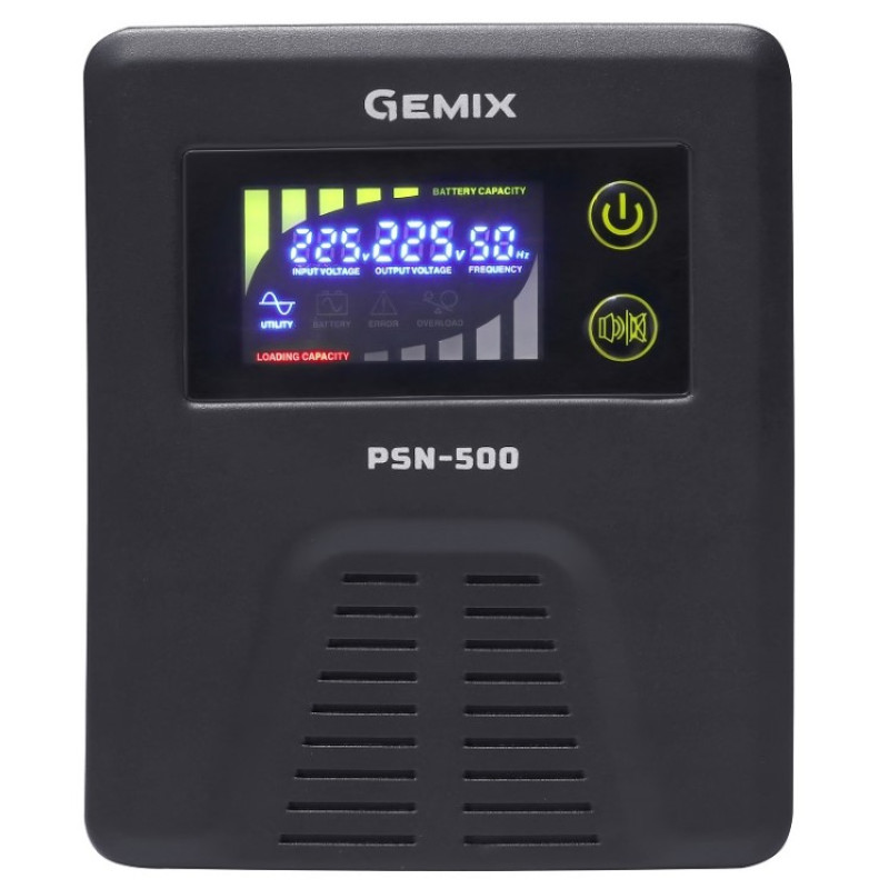 Джерело безперебійного живлення Gemix PSN-500 Black, 500VA, 300W, правильна синусоїда, 1 розетка, зовнішня батарея (PSN500VA)