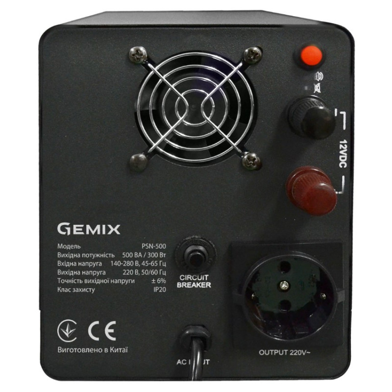 Джерело безперебійного живлення Gemix PSN-500 Black, 500VA, 300W, правильна синусоїда, 1 розетка, зовнішня батарея (PSN500VA)