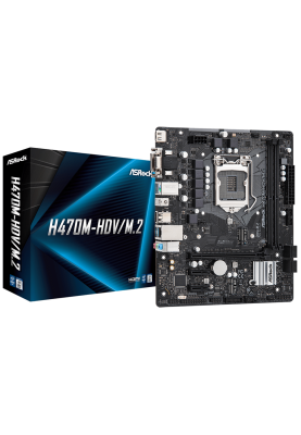 Мат.плата 1200 (H470) ASRock H470M-HDV/M.2, H470, 2xDDR4, Int.Video(CPU), 4xSATA3, 1xM.2, 1xPCI-E 16x 3.0, 1xPCI-E 1x 3.0, 1xM.2 (Key E), ALC897, I219V, 8xUSB3.2/6xUSB2.0, VGA/DVI-D/HDMI, MicroATX