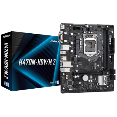 Мат.плата 1200 (H470) ASRock H470M-HDV/M.2, H470, 2xDDR4, Int.Video(CPU), 4xSATA3, 1xM.2, 1xPCI-E 16x 3.0, 1xPCI-E 1x 3.0, 1xM.2 (Key E), ALC897, I219V, 8xUSB3.2/6xUSB2.0, VGA/DVI-D/HDMI, MicroATX