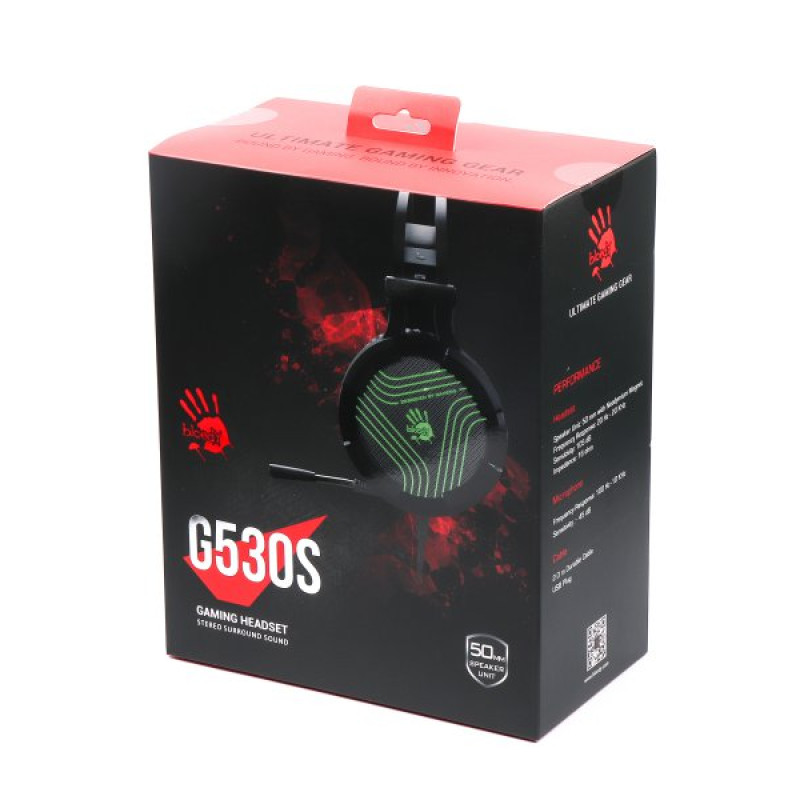 Навушники Bloody G530S, Black, з мікрофоном, зелене підсвічування, USB, накладні, кабель 2.0 м