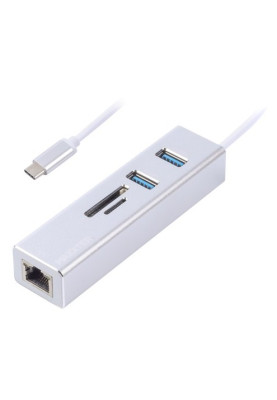 Адаптер Maxxter, Grey, USB Type-С (M)-2*USB 3.0 (F)/RJ-45(F) Gigabit Ethernet 1000 Mbps, microSD/TF card reader, метал (NECH-2P-SD-01)