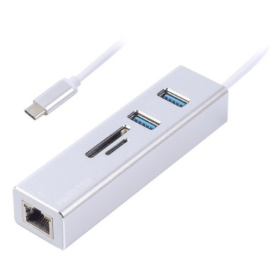 Адаптер Maxxter, Grey, USB Type-С (M)-2*USB 3.0 (F)/RJ-45(F) Gigabit Ethernet 1000 Mbps, microSD/TF card reader, метал (NECH-2P-SD-01)