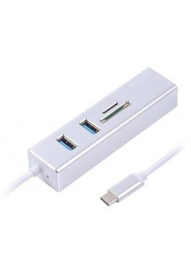 Адаптер Maxxter, Grey, USB Type-С (M)-2*USB 3.0 (F)/RJ-45(F) Gigabit Ethernet 1000 Mbps, microSD/TF card reader, метал (NECH-2P-SD-01)
