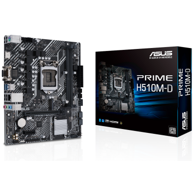 Мат.плата 1200 (H510) Asus PRIME H510M-D, H510, 2xDDR4, Int.Video(CPU), 4xSATA3, 1xM.2, 1xPCI-E 16x 4.0, 1xPCI-E 1x 3.0, ALC897, I219-V, 4xUSB3.2/6xUSB2.0, VGA/HDMI, MicroATX