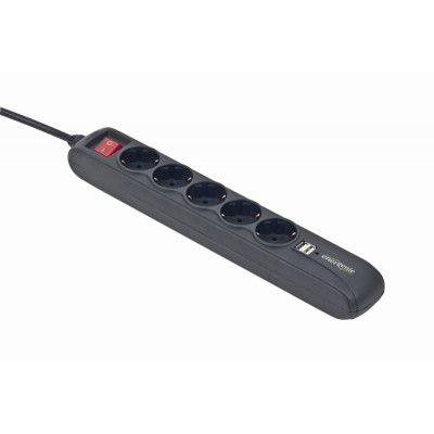 Фільтр мережевий 1.5 м, EnerGenie, Black, 5 розеток, 16А, до 6 кВт, 2xUSB (5V/2A), вимикач, розетки із заземленням (SPG5-U2-5)