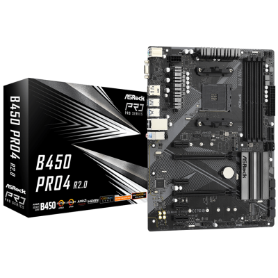 Мат.плата AM4 (B450) AsRock B450 Pro4 R2.0, B450, 4xDDR4, CrossFire, Int.Video(CPU), 6xSATA3, 2xM.2, 2xPCI-E 16x 3.0, 4xPCI-E 1x 2.0, ALC897, RTL8111H, 6xUSB3.2/6xUSB2.0, VGA/HDMI/DP, ATX