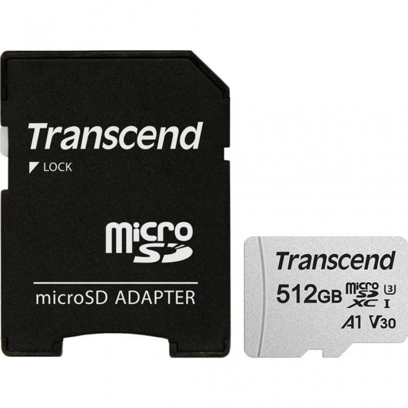 Карта пам'яті microSDXC, 512Gb, Class10 UHS-I U3 V30 A1, Transcend 300S, SD адаптер, R100/W85 MB/s (TS512GUSD300S-A)