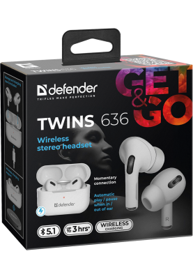 Навушники Defender Twins 636 White,TWS Pro, Bluetooth (63636)