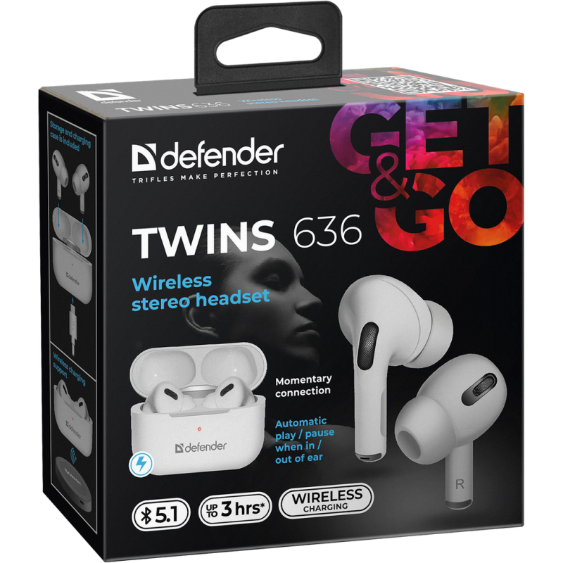 Навушники Defender Twins 636 White,TWS Pro, Bluetooth (63636)