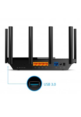 Роутер TP-LINK Archer AX73, Black, Wi-Fi 802.11n/ac/ax, до 5378 Mb/s, 2.4/5GHz, 4x100/1000 Mb/s, RJ45 100/1000Mb/s (Gb), 1хUSB 3.0, 6 зовнішніх незнімних антен