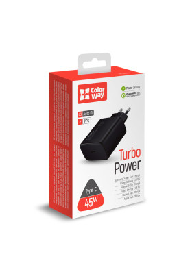 Мережевий зарядний пристрій ColorWay, Black, 1xUSB-C, 3A, 45W (CW-CHS034PD-BK)
