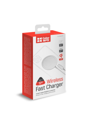 Бездротовий зарядний пристрій ColorWay MagSafe Charger, White, 15 Вт, Qi, автовідключення для захисту акумулятора смартфона, захист від перенапруження, короткого замикання, перегріву (CW-CHW27Q-WT)