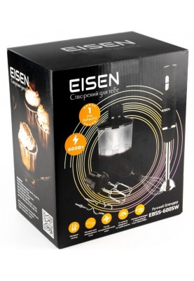 Блендер Eisen EBSS-600SW, Black, 600W, занурювальний, 2 швидкості, турборежим, стакан 600мл, подрібнювач 500мл, вінчик, гак для замішування тіста