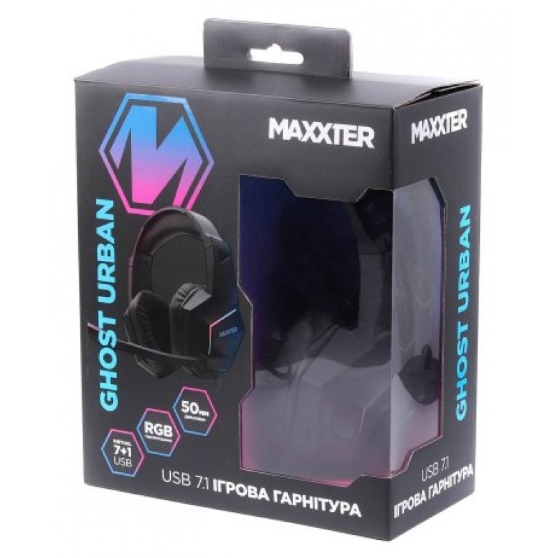Навушники Maxxter Ghost Urban, Black, USB, віртуальний звук 7.1, RGB підсвічування, кабель 2.1 м
