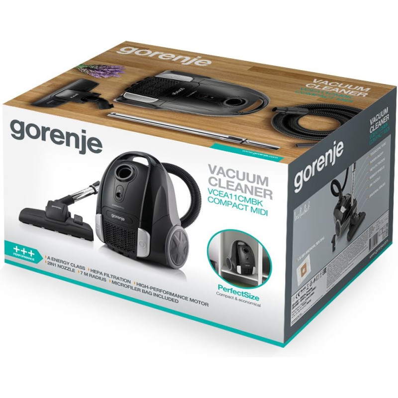 Пилосос Gorenje VCEA11CMBK, Black, 800W, потужність всмоктування 166W, мішковий, сухе прибирання, об'єм 2л, телескопічна трубка, насадки: міні насадка/універсальна щітка