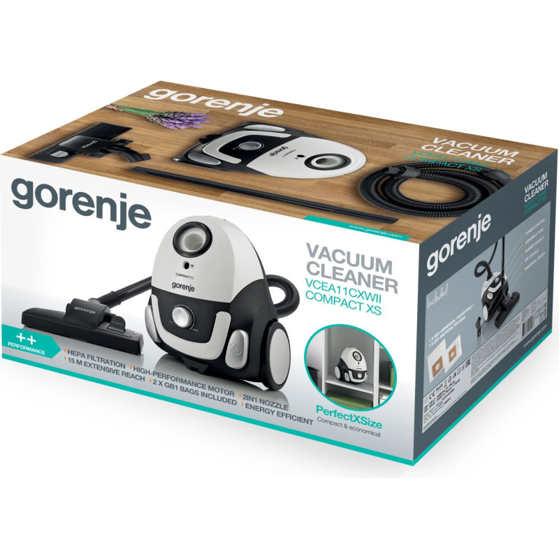 Пилосос Gorenje VCEA11CXWII, White/Black, 750W, всмоктування 158W, мішковий, сухе прибирання, об'єм 2л, телескопічна трубка, насадки: міні насадка/універсальна щітка