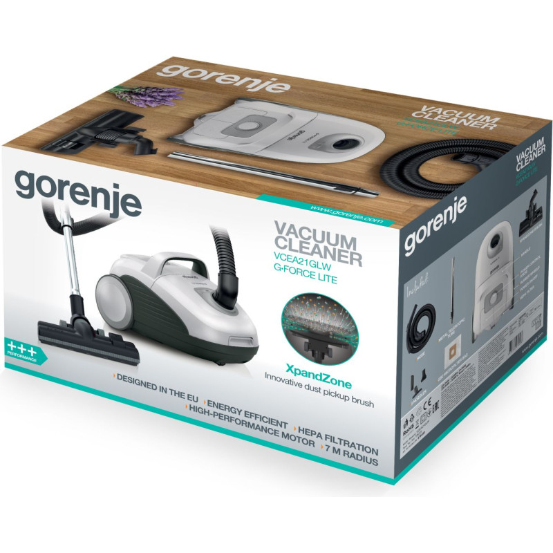 Пилосос Gorenje VCEA21GLW, White/Black, 700W, потужність всмоктування 212W, мішковий, сухе прибирання, об'єм 3л, телескопічна трубка, насадки: міні насадка 3шт/щітка Xpand Zone