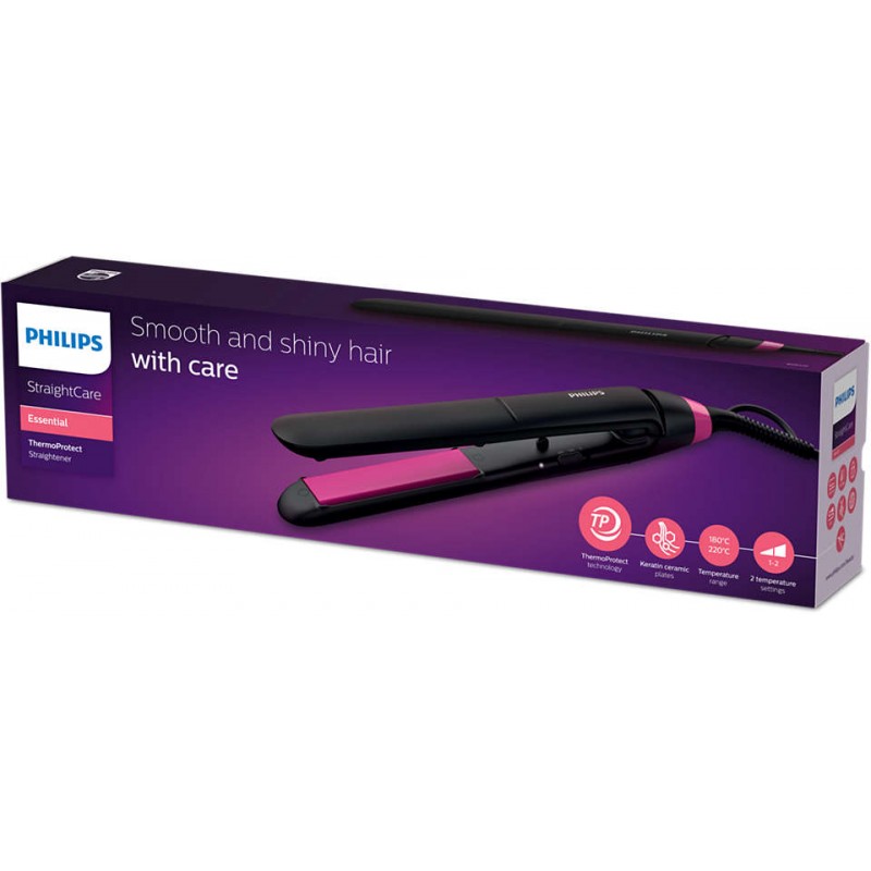 Праска для волосся Philips StraightCare Essential BHS375/00, Black/Pink, температура нагрівання 180/220°C, температурні режими 2, автоматичне вимкнення, блокування кнопок, термостат, технологія ThermoProtect
