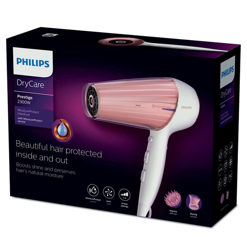 Фен Philips DryCare Prestige HP8281/00, Pink/White, 2300W, 3 швидкості, температурні режими 3, холодне повітря, іонізація, дифузор, концентратор
